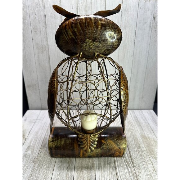 Vtg Style Metal Owl Candle Holder Brown with Black Eyes Caged Candle 13" Tall - Picture 3 of 9